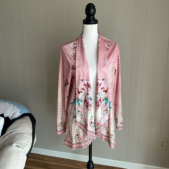 Unbranded Womens Kimono Pink Floral Open Front Cardigan Large - Picture 7 of 14